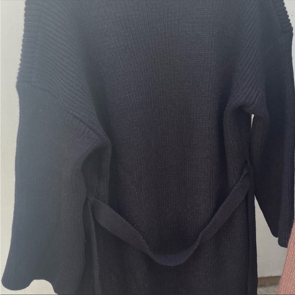 Chunky Below the knee Rib Belted With Pockets Black Cardigan Coat - Picture 8 of 14